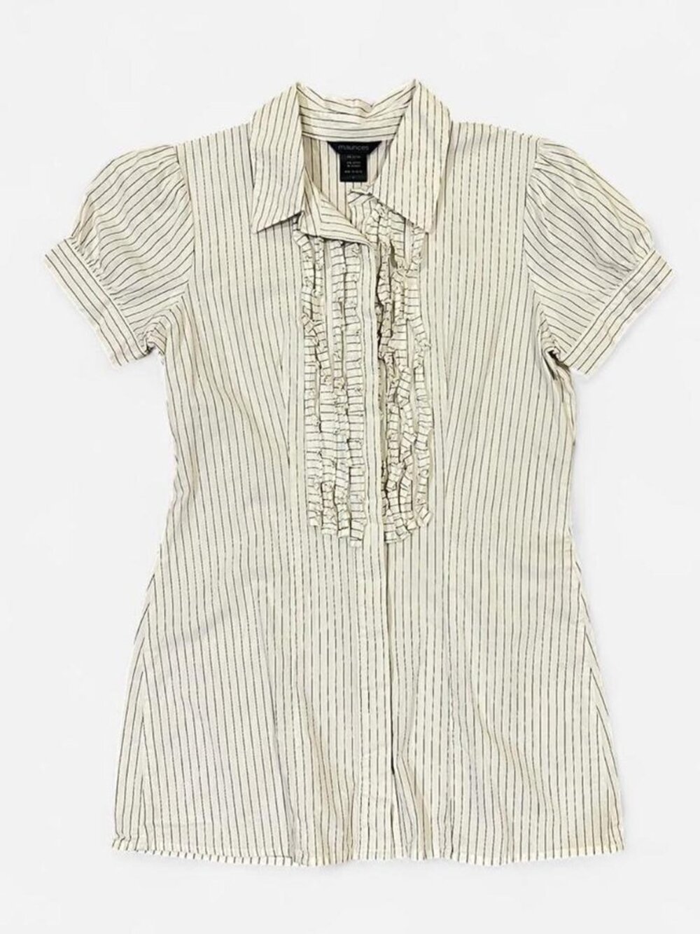 Pinstripe Ruffle Short Sleeve Button Blouse